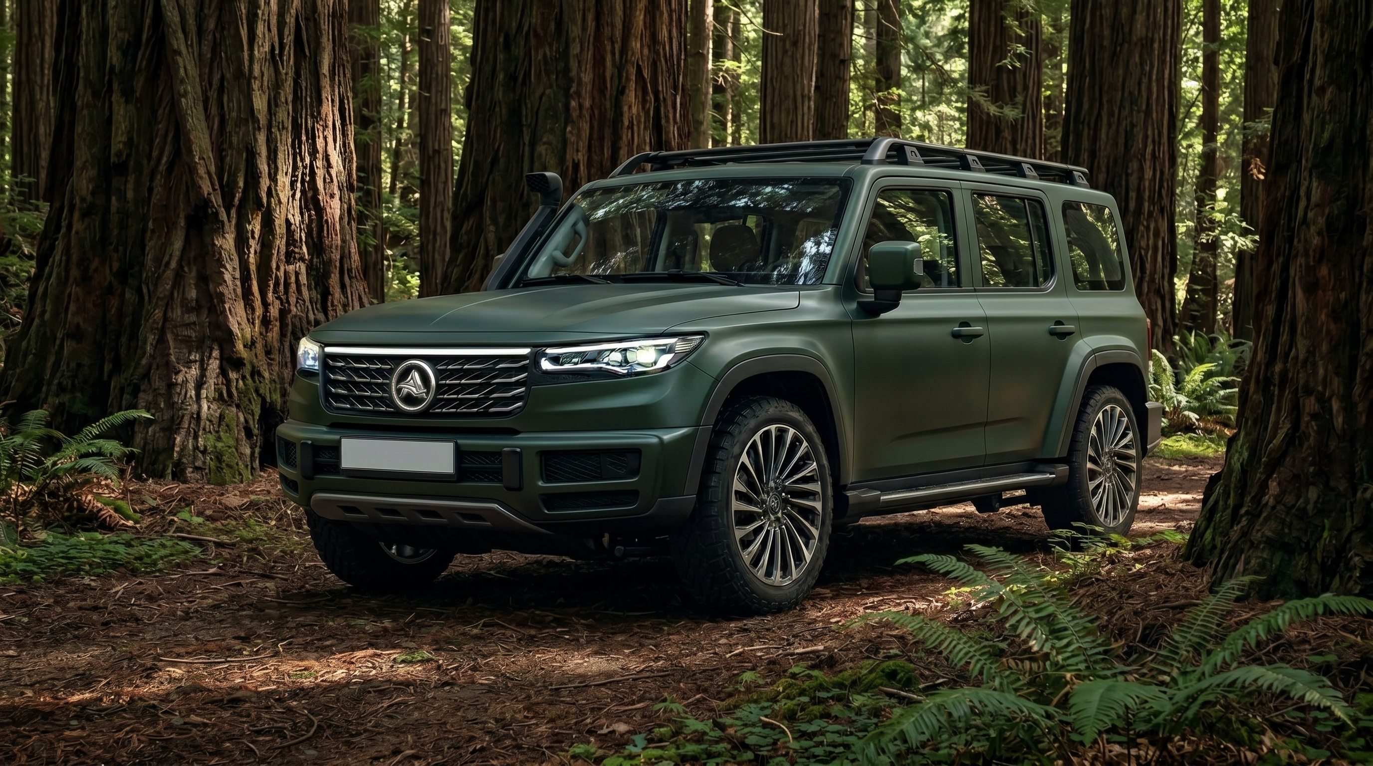 APEX-E Volter yaşıl SUV meşə yolunda